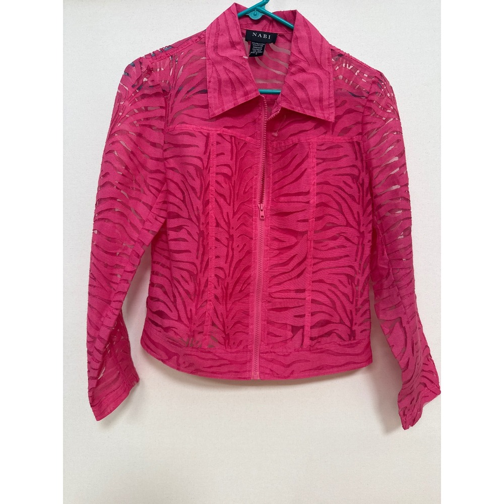 Nabi Hot Pink Sheer Zebra Print Zip Up Jacket Burnout Devore Small Y2K Fuchsia